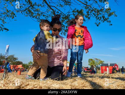 Mom with kids on top of a hay stack at the farm fair on Halloween Stock Photo