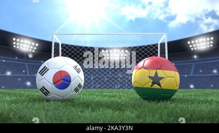 Two soccer balls in flags colors on stadium bright blurred background. South Korea and Ghana. 3d image Stock Photo