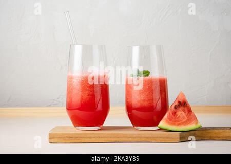 Two glasses of refreshing watermelon Agua fresca drink. Stock Photo