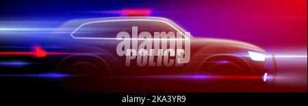 Police SUV car riding on a high speed on a dark background with colorful flashes. Cop chase vector illustration. Stock Vector