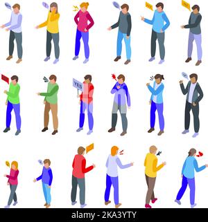 Argument icons set isometric vector. Angry conflict. Team mind Stock Vector
