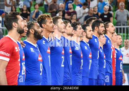 France national volleyball team during the national anthem . Volleyball World Championship 2022. Quarter Finals. Stock Photo