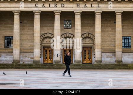 Grand pillars and doors of Caird Hall concert venue in City Square, Dundee, Scotland, UK Stock Photo