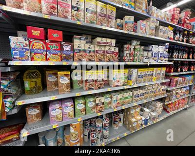 Grovetown, Ga USA - 04 21 22: Walmart breakfast aisle and prices Stock Photo