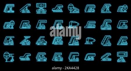 Airplane stairs icons set outline vector. Aerobridge engine. Plane stairs neon color on black Stock Vector