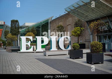 Logo with EPIC name at the entrance to interactive Irish Emigration Museum on Custom House Quay in Dublin. Freestanding huge white capital letters. Stock Photo