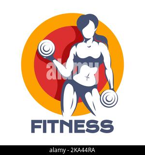 Colored Fitness Logo Design.  Woman holds Dumbbells isolated on white background. Vector illustration. Stock Vector