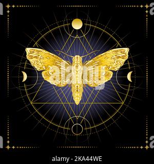 Golden Moth Symbol of Inner Wisdom and Phases of Moon. Sacred Geometry Esoteric Illustration on Black Background. Stock Vector