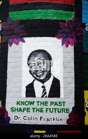 Unveiling of Black History Month mural outside Elsdale Street surgery, Hackney, honouring Dr Colin Franklin  one of the first Black doctors in Hackney Stock Photo