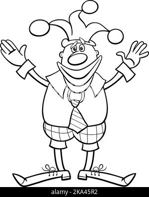 Black and white cartoon illustration of funny clown comic character coloring page Stock Vector