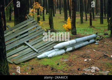 KHARKIV REGION, UKRAINE - OCTOBER 26, 2022 - Three rocket projectiles are pictured in a forest near Izium after the liberation of the area from Russia Stock Photo