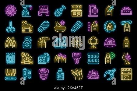 Nail bar icons set outline vector. Spa manicure. Beauty salon neon color on black Stock Vector
