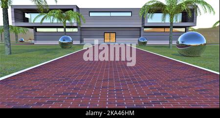 Cobbled road to the entrance to the house lined with red-blue bricks. White border on the sides. Palm trees and steel reflective balls on the lawn. 3d Stock Photo