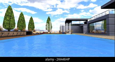Huge blue water swimming pool in the relaxation area of a stylish tech country estate. Convenient comfortable seating area on the left. 3d render. Stock Photo