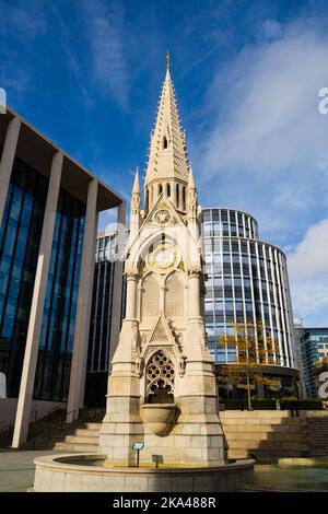 The Chamberlain Memorial fountain, Joseph Chamberlain, Lord Mayor and MP. Chamberlain Square, Birmingham, Warwickshire, West Midlands, England. Stock Photo