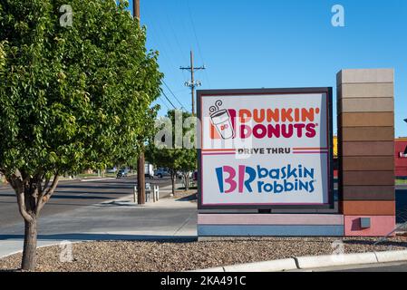 A large sign for Dunkin' Donuts and Baskin Robbins in Amarillo, Texas. Stock Photo