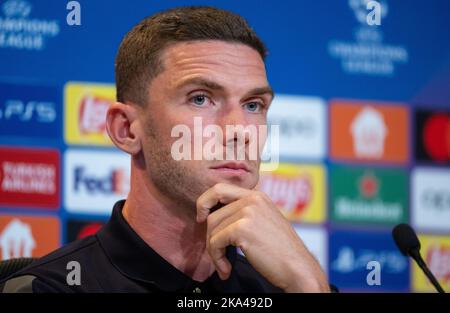 Munich, Germany. 31st Oct, 2022. Soccer: Champions League, Bayern Munich - Inter Milan, Group stage, Group C, Matchday 6. Inter Milan press conference at the Allianz Arena. Robin Gosens of Milan sits on the podium. Credit: Sven Hoppe/dpa/Alamy Live News Stock Photo