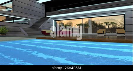 Evening comes in the courtyard of a modern country house. Relaxation area with illuminated pool and decking. LED window lighting. 3d render. Stock Photo