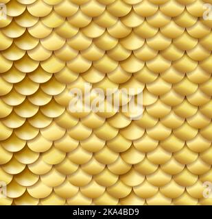 Realistic seamless golden fish snake scales background vector texture pattern in golden colors. Yellow gold wildlife background. Stock Vector