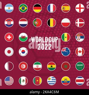 Round Flags of Qatar world Cup 2022 participating countries of by groups and baskets Stock Vector