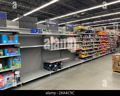 Grovetown, Ga USA - 04 21 22: Walmart retail store interior empty shelves display Stock Photo