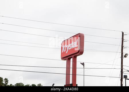 Augusta, Ga USA - 07 19 21: Krystal Burgers fast food restaurant street sign Stock Photo