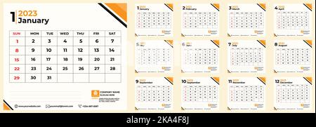 Yearly calendar 2023 set, all in one, week starts from Sunday Stock Vector
