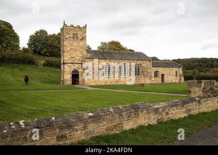 12th century St Helens Church at Beamish was opened to the public in 2015 having formerly been located in Eston and rebuilt after an arson attack. Stock Photo