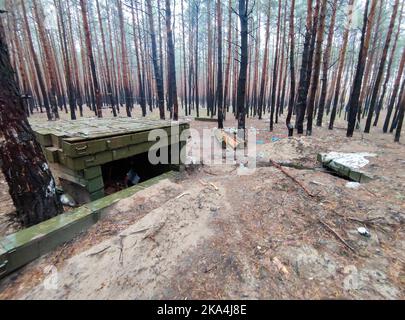 Non Exclusive: KHARKIV REGION, UKRAINE - OCTOBER 26, 2022 - A camp of Russian invaders is pictured in a forest near Izium after the liberation of the Stock Photo