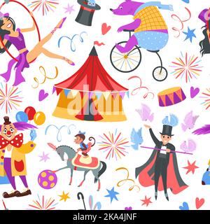 Cartoon circus show seamless pattern. Funny performers with trained animals. Gymnasts and equilibrists. Magicians with doves. Clowns amusement Stock Vector