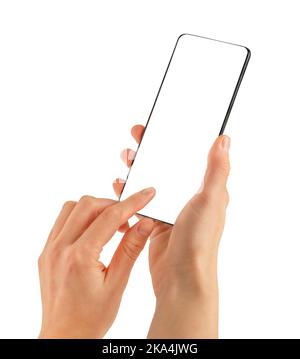 Female hands holding cellphone and touching empty screen. Isolated with clipping path. Stock Photo