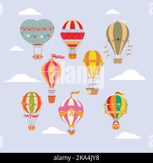 Collection of vintage hot air balloons of different texture and color isolated on white background. Bundle of retro manned flying aircrafts decorated Stock Vector