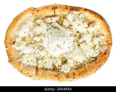 Cheesy pizza of six kinds of cheese and pistachios. Italian food concept. Stock Photo