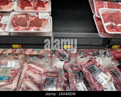 Grovetown, Ga USA - 04 21 22: Walmart meat department vaccum sealed Stock Photo