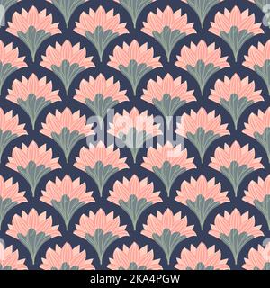 Lotus pink seamless vector pattern. Water lily and leaves on dark background. Stock Vector