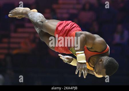 Belgian gymnast Noah Kuavita pictured in action during qualifications at the World Artistic Gymnastics Championships in Liverpool, United Kingdom on Monday 31 October 2022. The Worlds take place from October 29 until November 6, 2022 in Liverpool, United Kingdom. BELGA PHOTO ERIC LALMAND Stock Photo