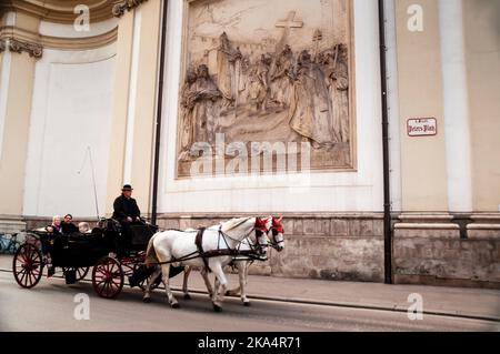 Viennese Fiakers and Baroque St. Peters Church Relief, Vienna, Austria. Stock Photo