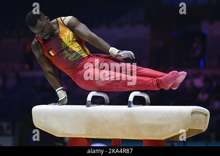 Belgian gymnast Noah Kuavita pictured in action during qualifications at the World Artistic Gymnastics Championships in Liverpool, United Kingdom on Monday 31 October 2022. The Worlds take place from October 29 until November 6, 2022 in Liverpool, United Kingdom. BELGA PHOTO ERIC LALMAND Stock Photo