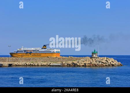 The Mega Express Five (2009) fast ferry from Corsica Ferries - Sardinia Ferries leaving the port of Bastia (Haute-Corse), Corsica, France Stock Photo