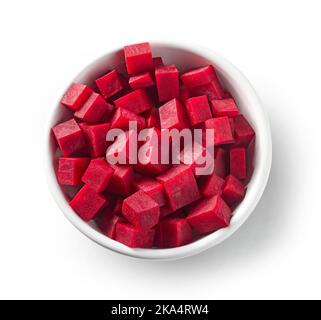 bowl of beetroot cubes isolated on white background, top view Stock Photo