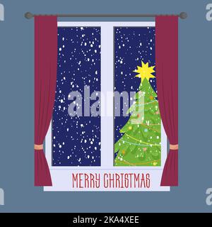 Merry Christmas postcard template. View from the window on a smart spruce, night and snow. Vector illustration.  Stock Vector