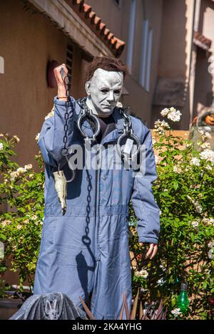 A life sized mannequin of 'Jason' the name of the monster in the movie called Halloween,  Halloween decoration. Stock Photo