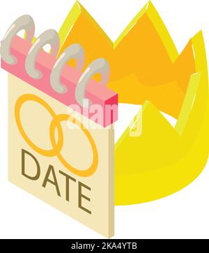 Wedding date icon isometric vector. Calendar with wedding ring image, gold crown. Celebration, memorable event Stock Vector