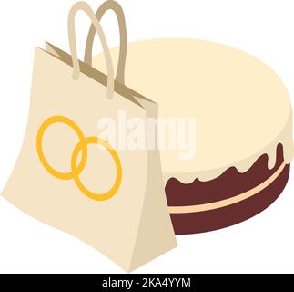 Wedding dessert icon isometric vector. Gift bag with wedding ring image and cake. Celebration, event Stock Vector
