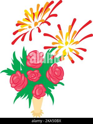 Celebration concept icon isometric vector. Bouquet of rose and holiday firework. Celebration, event Stock Vector