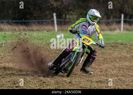 Scott Ryan racing in grasstrack motorcycle race. Donut Meeting event organised by Southend & District Motorcycle Club, Essex, UK. Upright solo class Stock Photo