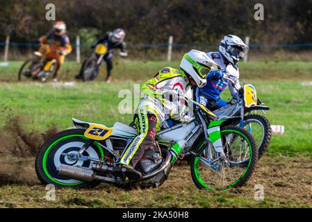 Scott Ryan racing in grasstrack motorcycle race. Donut Meeting event organised by Southend & District Motorcycle Club, Essex, UK. Upright solo class Stock Photo