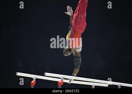 Belgian gymnast Noah Kuavita pictured in action during qualifications at the World Artistic Gymnastics Championships in Liverpool, United Kingdom on Tuesday 01 November 2022. The Worlds take place from October 29 until November 6, 2022 in Liverpool, United Kingdom. BELGA PHOTO ERIC LALMAND Stock Photo