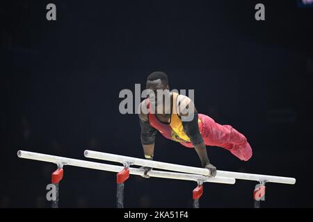 Belgian gymnast Noah Kuavita pictured in action during qualifications at the World Artistic Gymnastics Championships in Liverpool, United Kingdom on Tuesday 01 November 2022. The Worlds take place from October 29 until November 6, 2022 in Liverpool, United Kingdom. BELGA PHOTO ERIC LALMAND Stock Photo