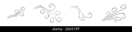 Set of hand drawn air flow icons. Doodle wind blow effects collection. Swirl, gust, smoke, dust sketches isolated on white background. Vector outline illustration. Stock Vector